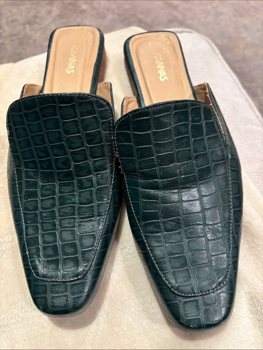 Kaanas Dark Green Croc-Embossed Leather Slip-Ons